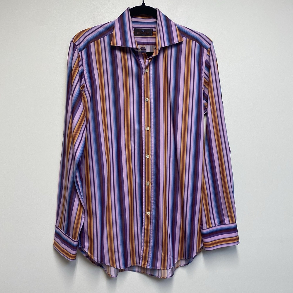 Etro Milano Purple Striped Button Down Shirt Size 38 Italy Multicolor Cotton
